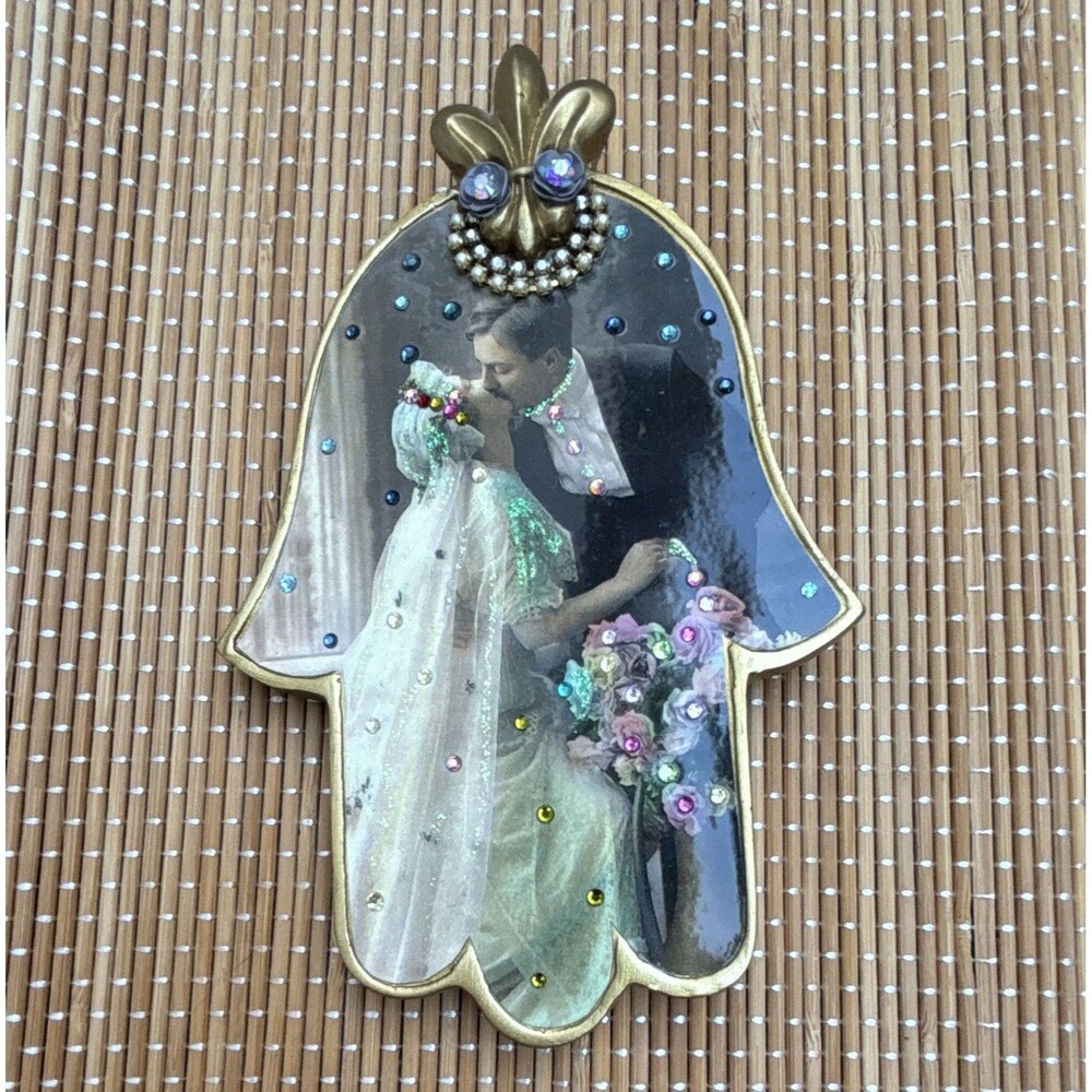 Michal Negrin Gold Metal Hamsa Hand Hanging Plaque Wedding Photo Rhinestones